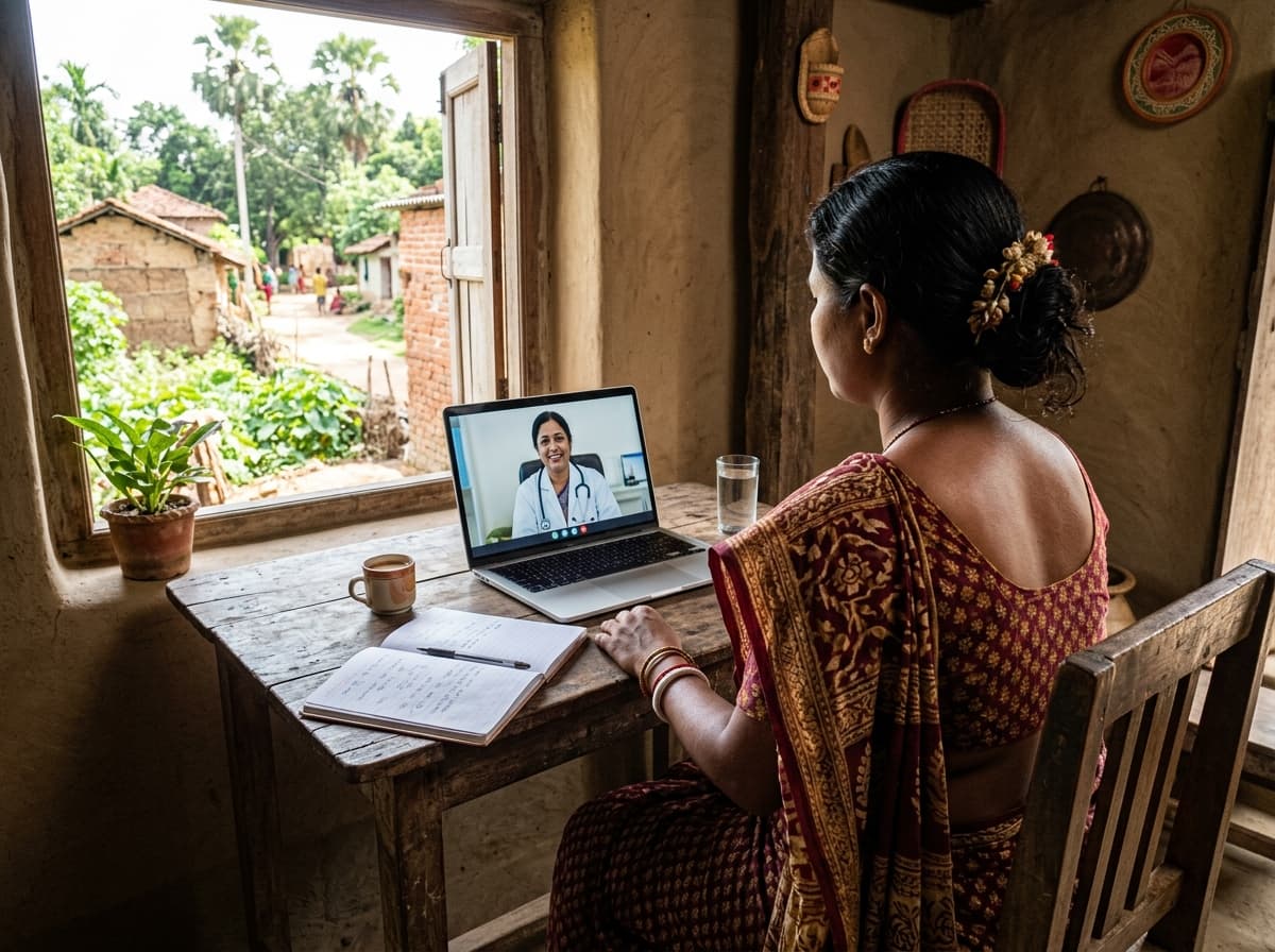 Rural woman consulting doctor on laptop by the window